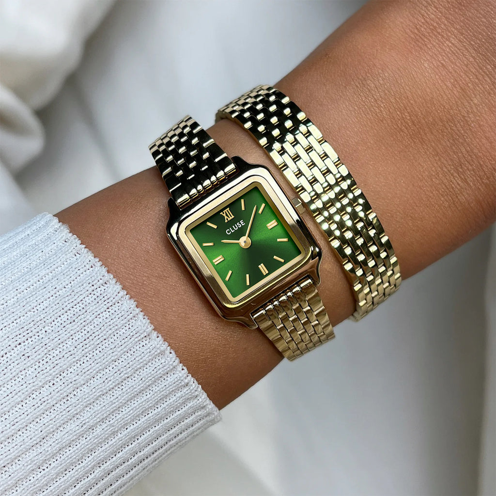 Montre Cluse Gracieuse Mini Femme – Boîtier doré 21 mm, cadran vert forêt & double bracelet acier