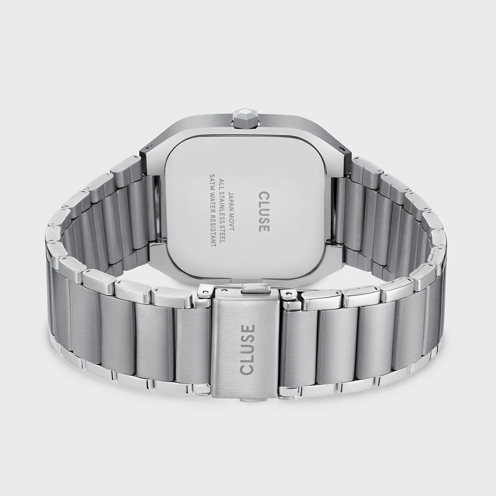 Montre Cluse Quadrus homme design carré 35 mm, cadran bleu intense et bracelet acier argenté.