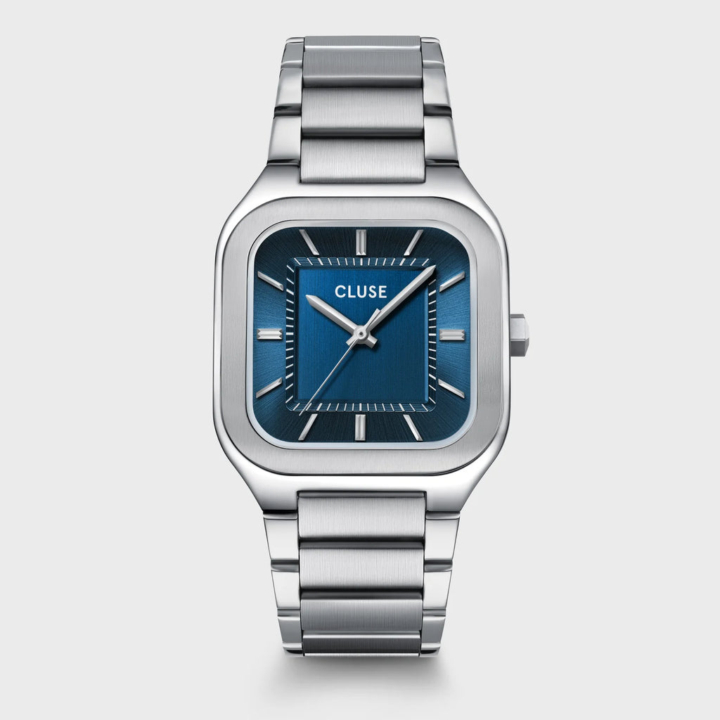 Montre Cluse Quadrus homme design carré 35 mm, cadran bleu intense et bracelet acier argenté.