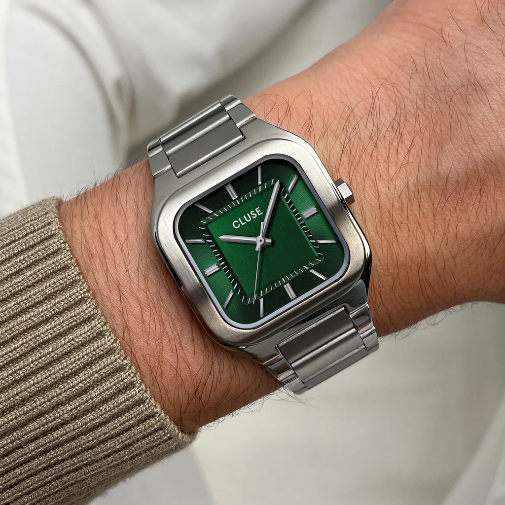 Montre Cluse Quadrus Homme – Boîtier argenté 35 mm, cadran vert & bracelet acier