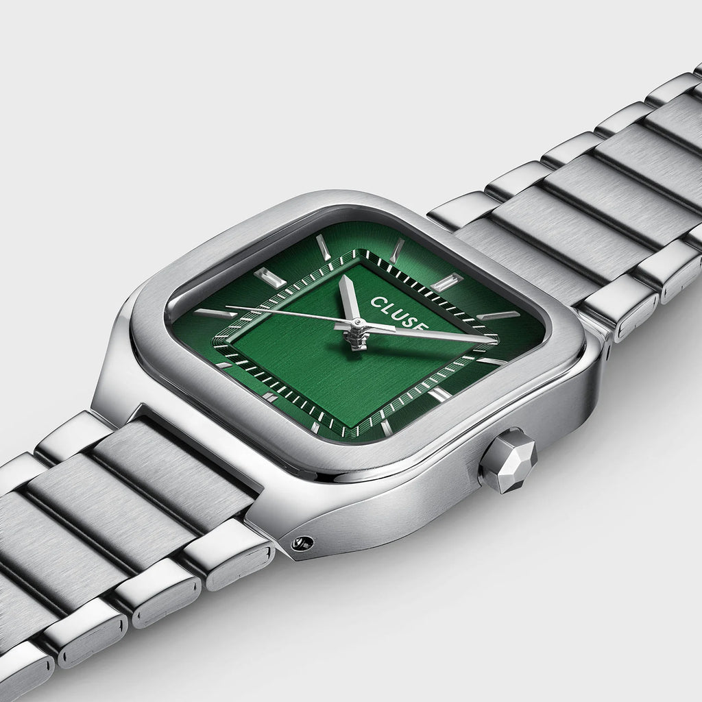 Montre Cluse Quadrus Homme – Boîtier argenté 35 mm, cadran vert & bracelet acier