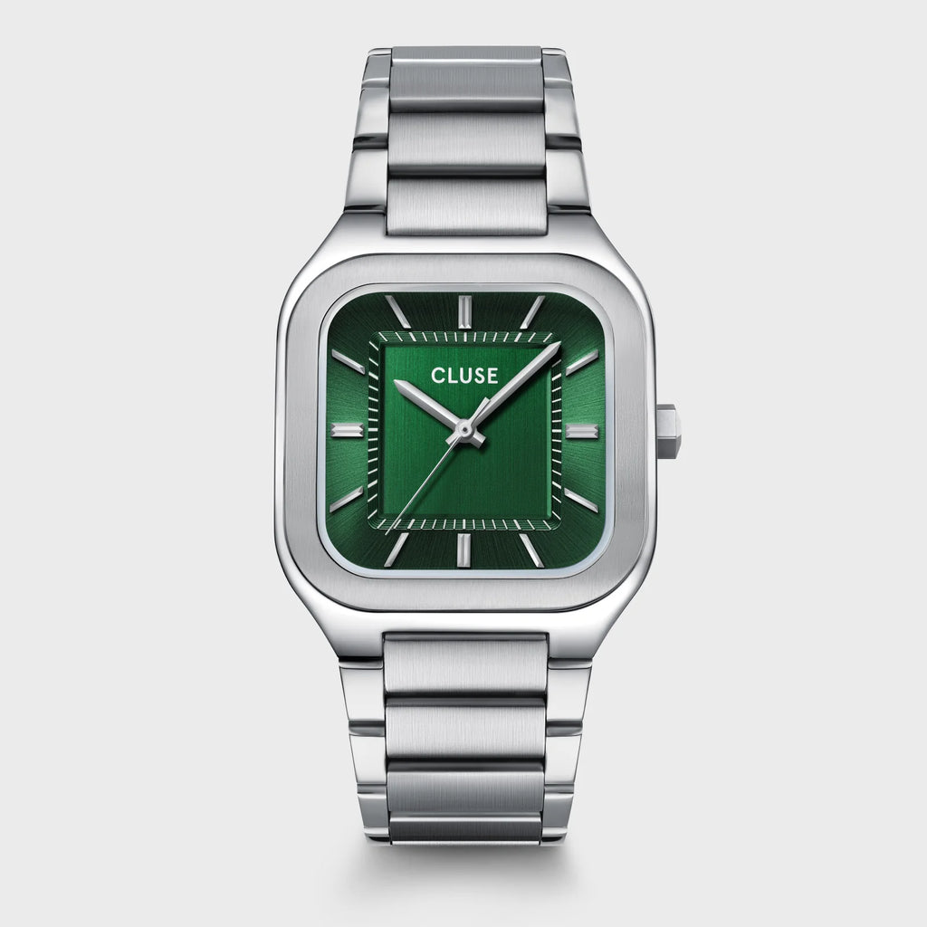 Montre Cluse Quadrus Homme – Boîtier argenté 35 mm, cadran vert & bracelet acier