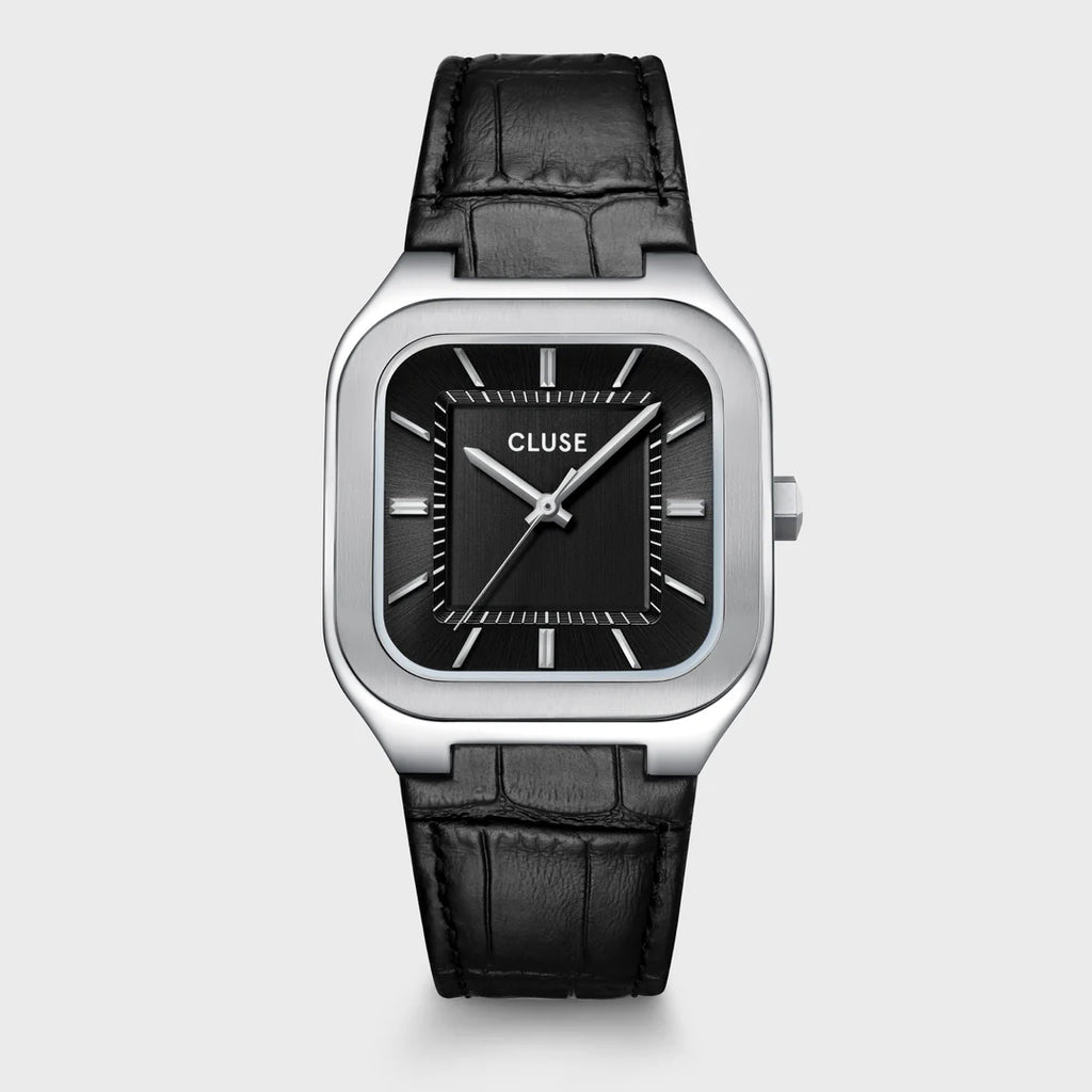 Montre Cluse Quadrus homme. Boîtier carré argenté 35 mm, cadran noir et bracelet cuir crocodile noir 20 mm.