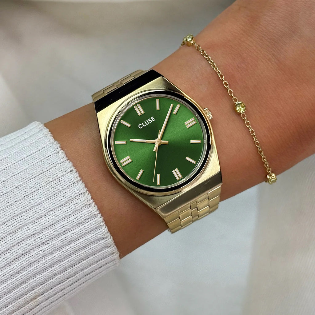 Retro 70's Watch Steel, Forest Green, Gold Colour