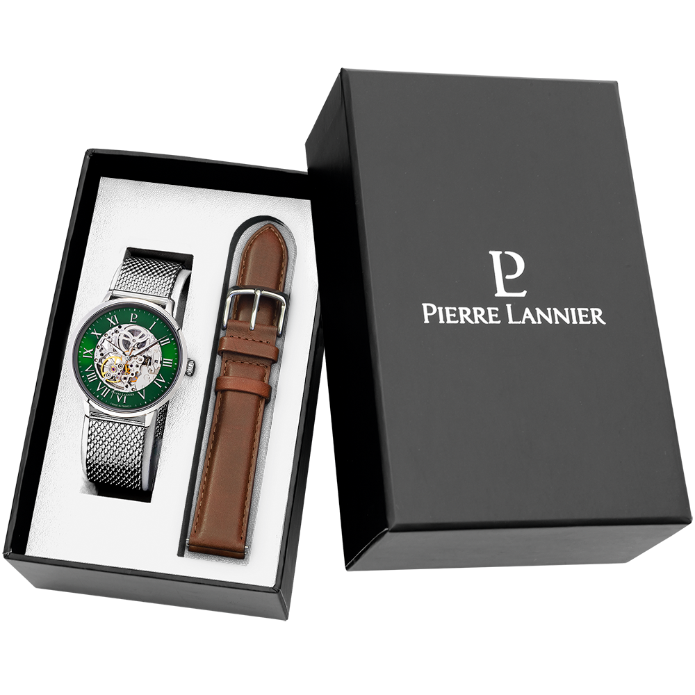 Coffret Pierre Lannier Automatic 390C171 avec montre squelette cadran vert et bracelet cuir brun