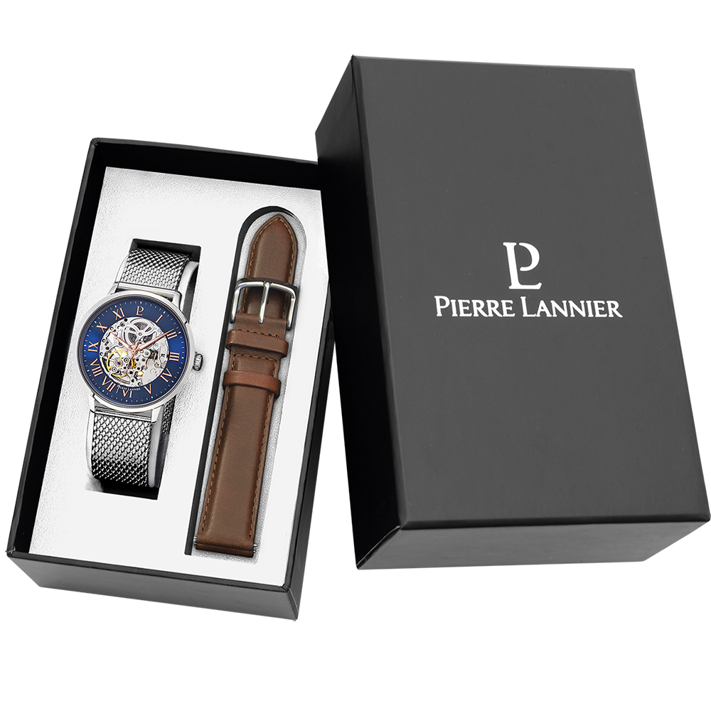 Coffret Pierre Lannier Automatic 391C168 avec cadran bleu squelette et bracelet milanais