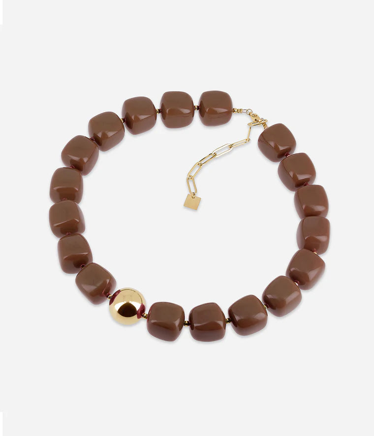 Collier Laïos Zag Bijoux en acier doré à l’or fin avec perles colorées marron