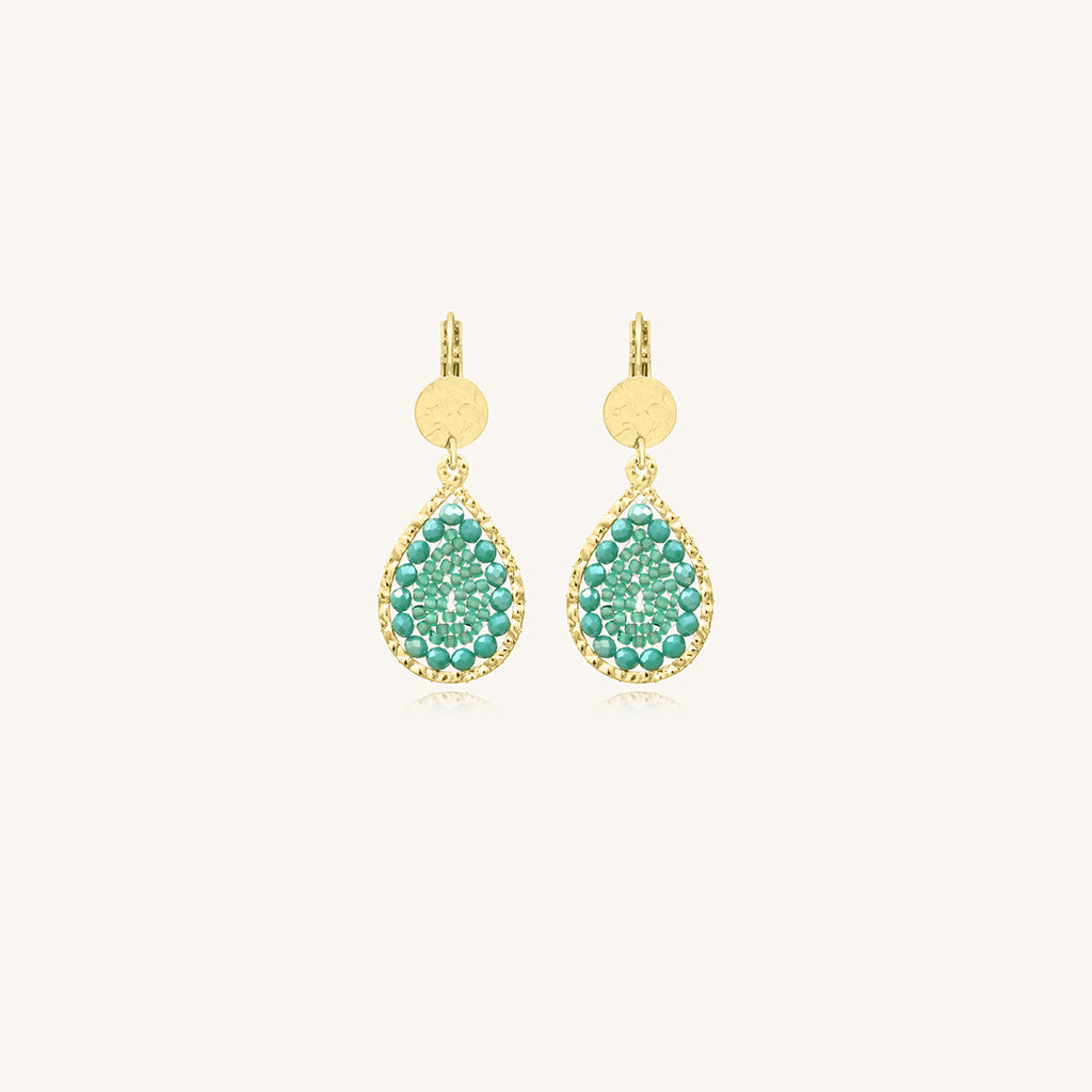 Boucles d’oreilles mini Ysé Santibé Vert Demoiselles– Dorées à l’or fin et perles tissées à la main

