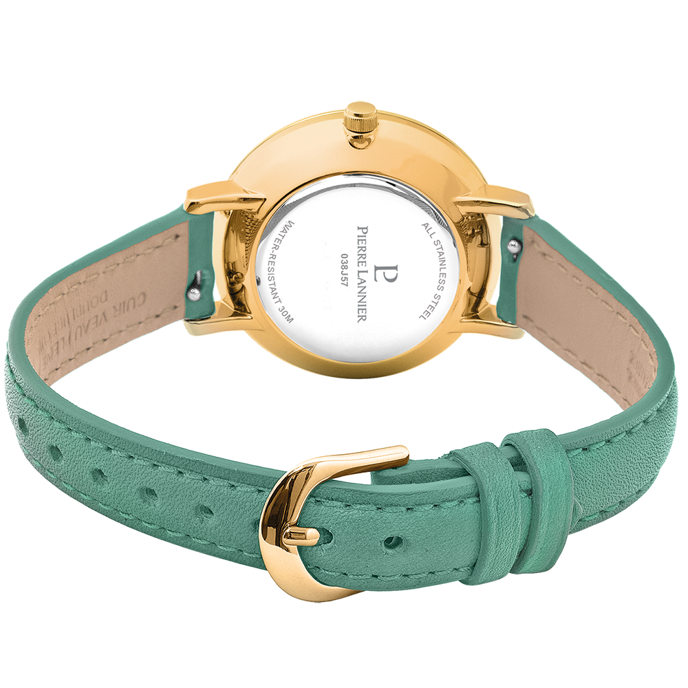 Montre femme Pierre Lannier Chouquette 038J577 – cadran vert soleillé, boîtier doré 30 mm, bracelet cuir vert