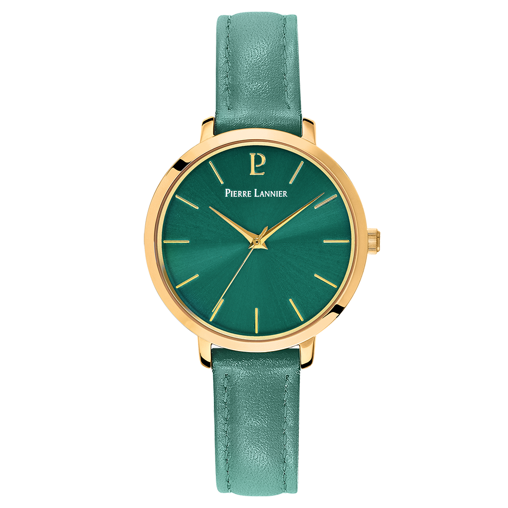 Montre femme Pierre Lannier Chouquette 038J577 – cadran vert soleillé, boîtier doré 30 mm, bracelet cuir vert