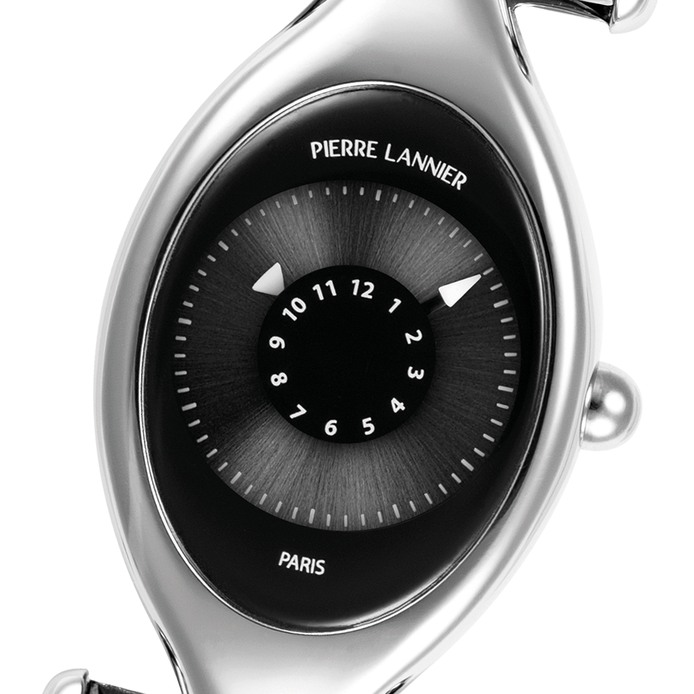 Montre femme Pierre Lannier Ovni 094L633 – boîtier oblong argenté, cadran noir à lecture inversée, bracelet cuir noir