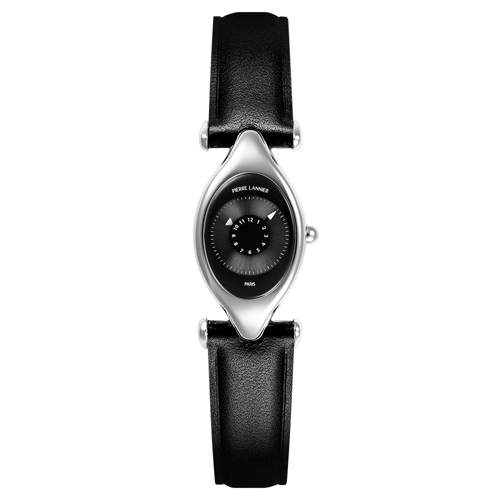 Montre femme Pierre Lannier Ovni 094L633 – boîtier oblong argenté, cadran noir à lecture inversée, bracelet cuir noir