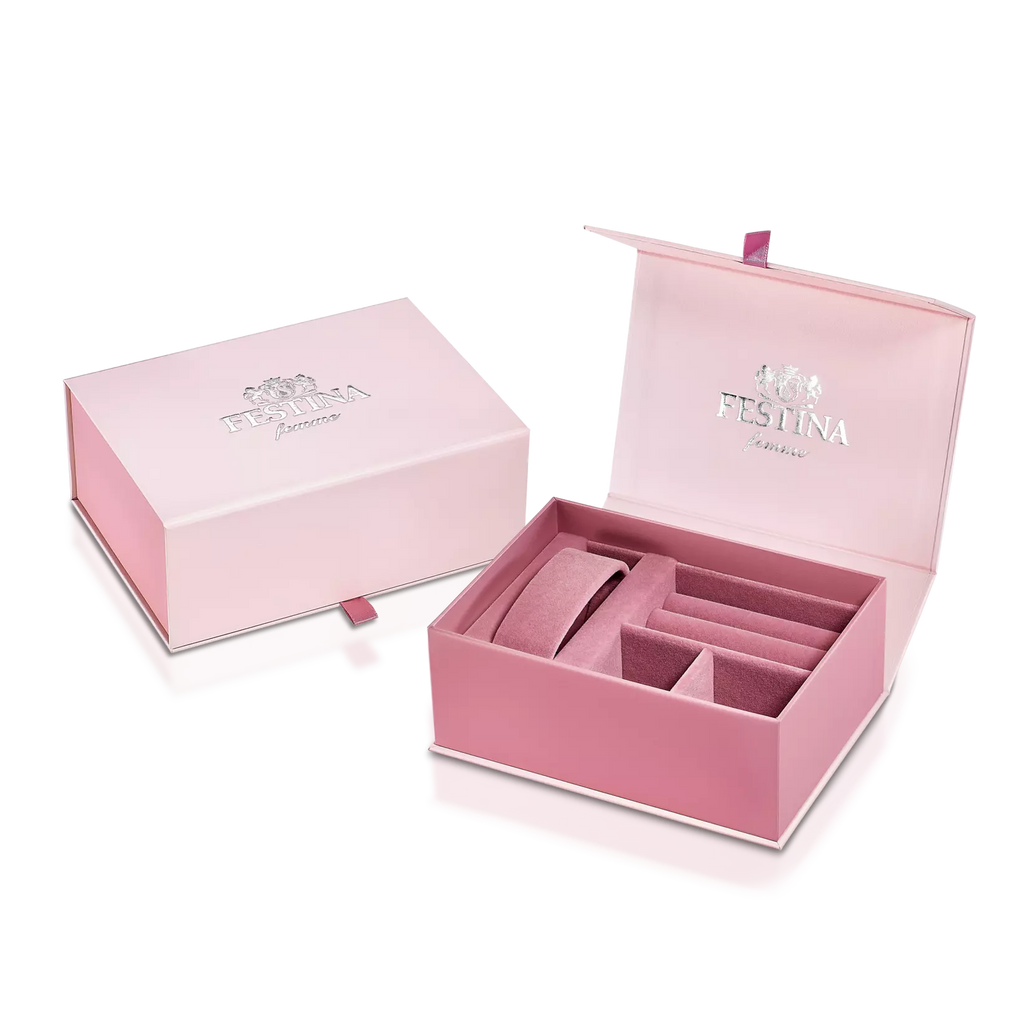 Montre Festina Mademoiselle F20749/1 pour femme avec cadran nacré et bracelet en acier inoxydable gris, élégante et moderne.