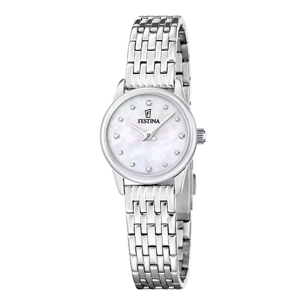 Montre Festina Mademoiselle F20749/1 pour femme avec cadran nacré et bracelet en acier inoxydable gris, élégante et moderne.