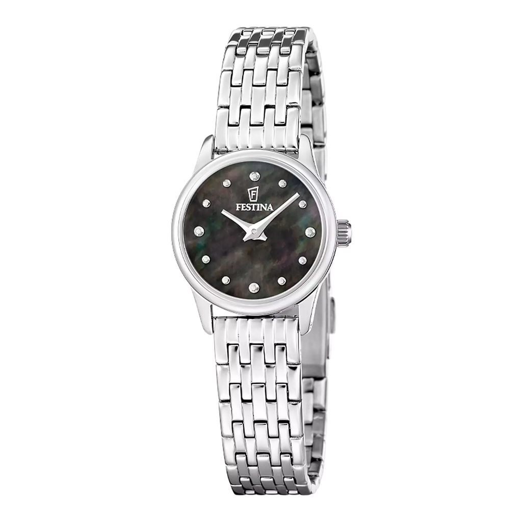 Montre Festina Mademoiselle F20749/6 pour femme avec cadran noir et bracelet en acier inoxydable gris, élégante et moderne.