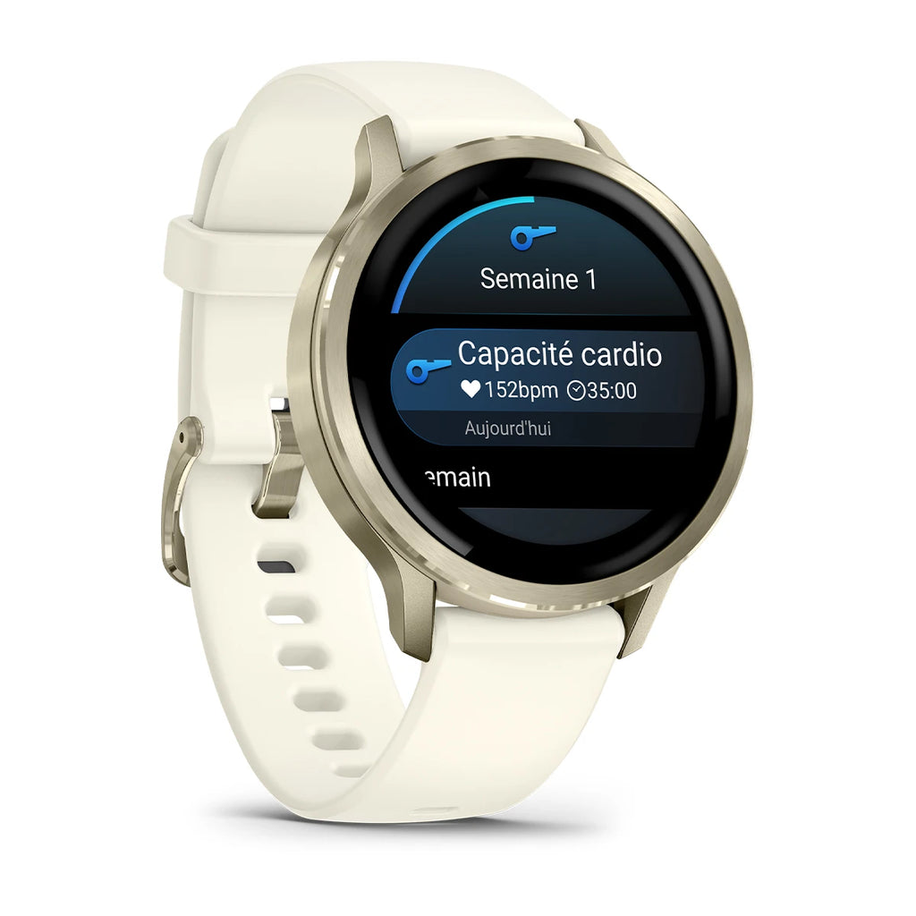 Interface AMOLED colorée de la montre connectée Garmin Venu 4 affichant les données santé