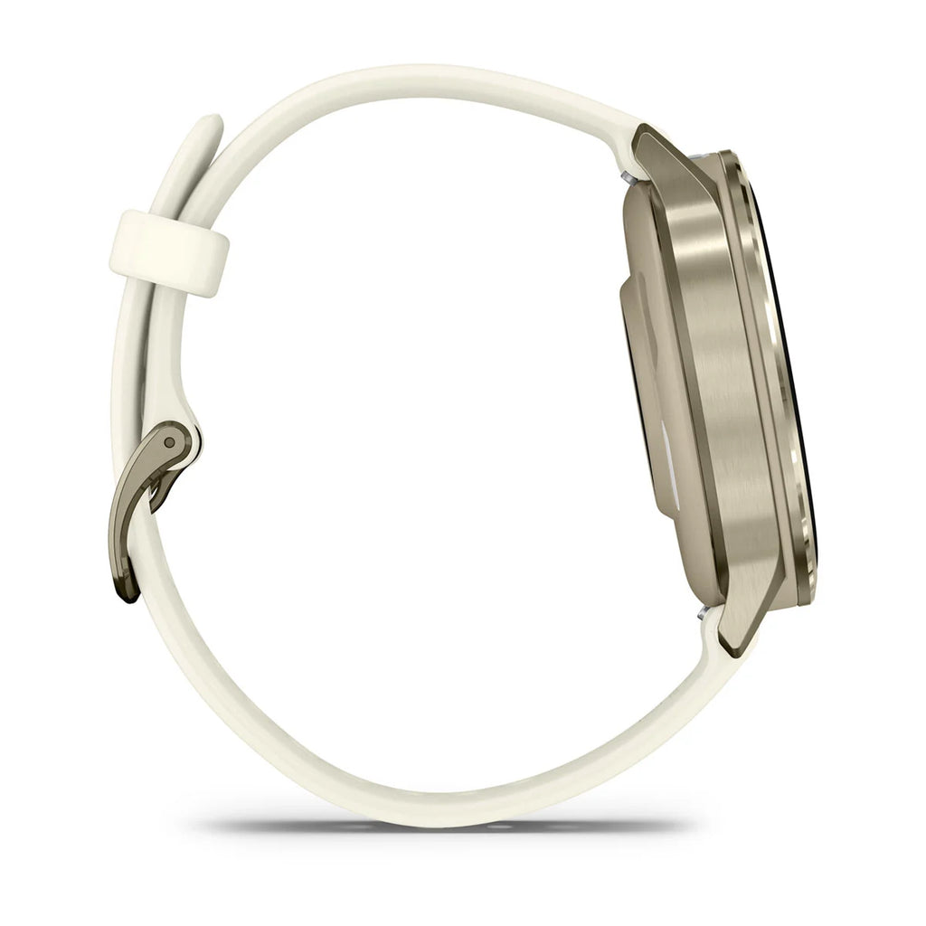 Détail du boîtier métallique 41 mm Lunar Gold de la montre Garmin Venu 4