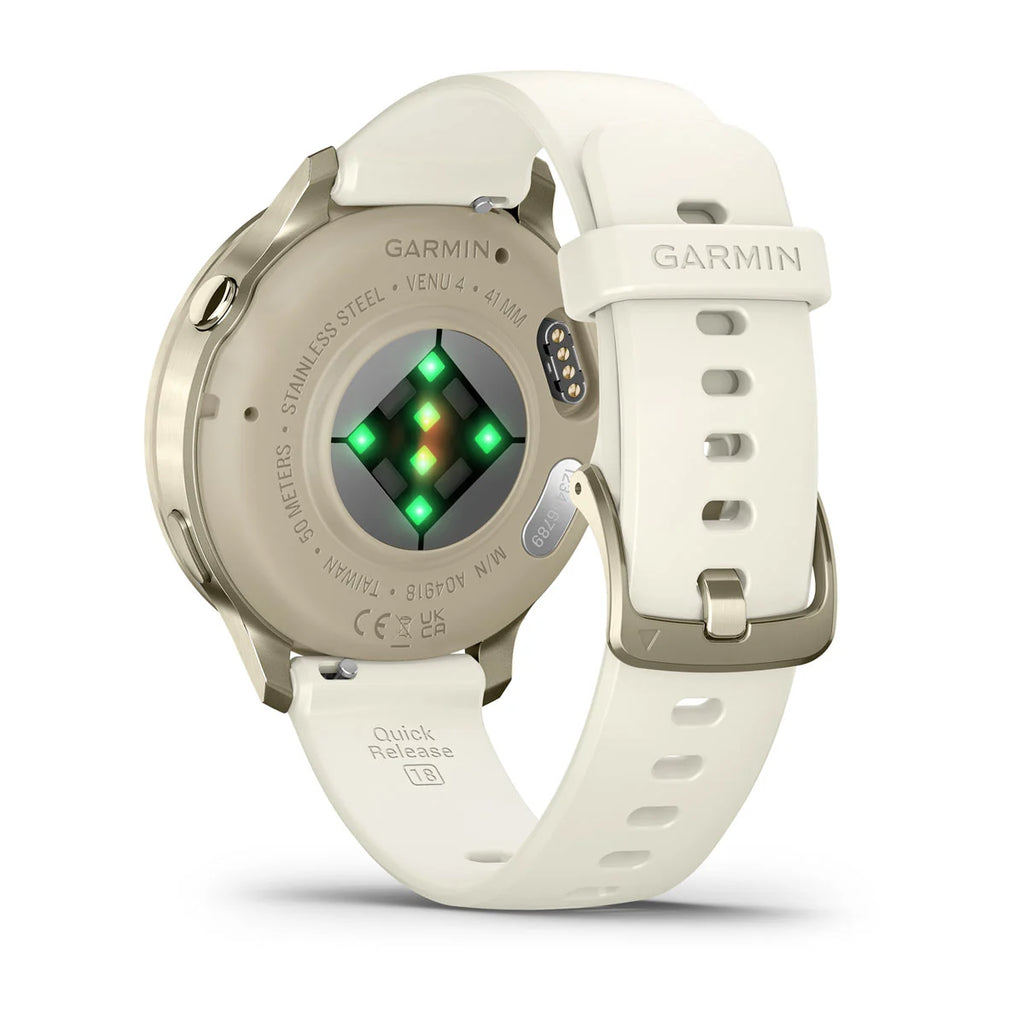 Capteur Montre Garmin Venu 4 41 mm Lunar Gold avec bracelet en silicone ivoire et écran AMOLED
