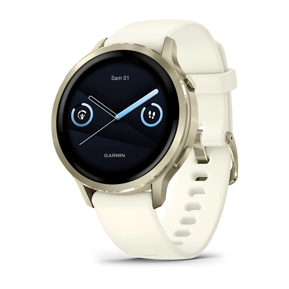 Montre Garmin Venu 4 41 mm Lunar Gold avec bracelet en silicone ivoire et écran AMOLED