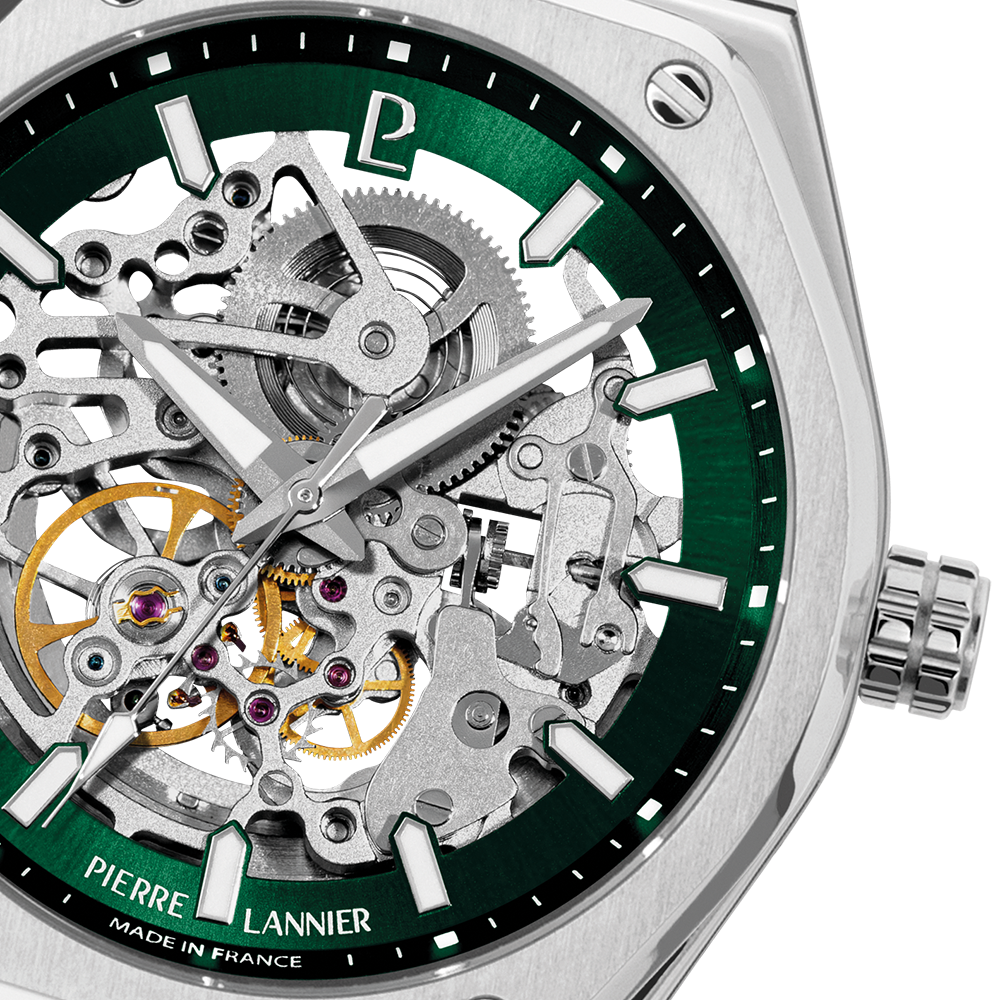 Montre Homme Pierre Lannier – Copilote Argentée Cadran Vert Squelette