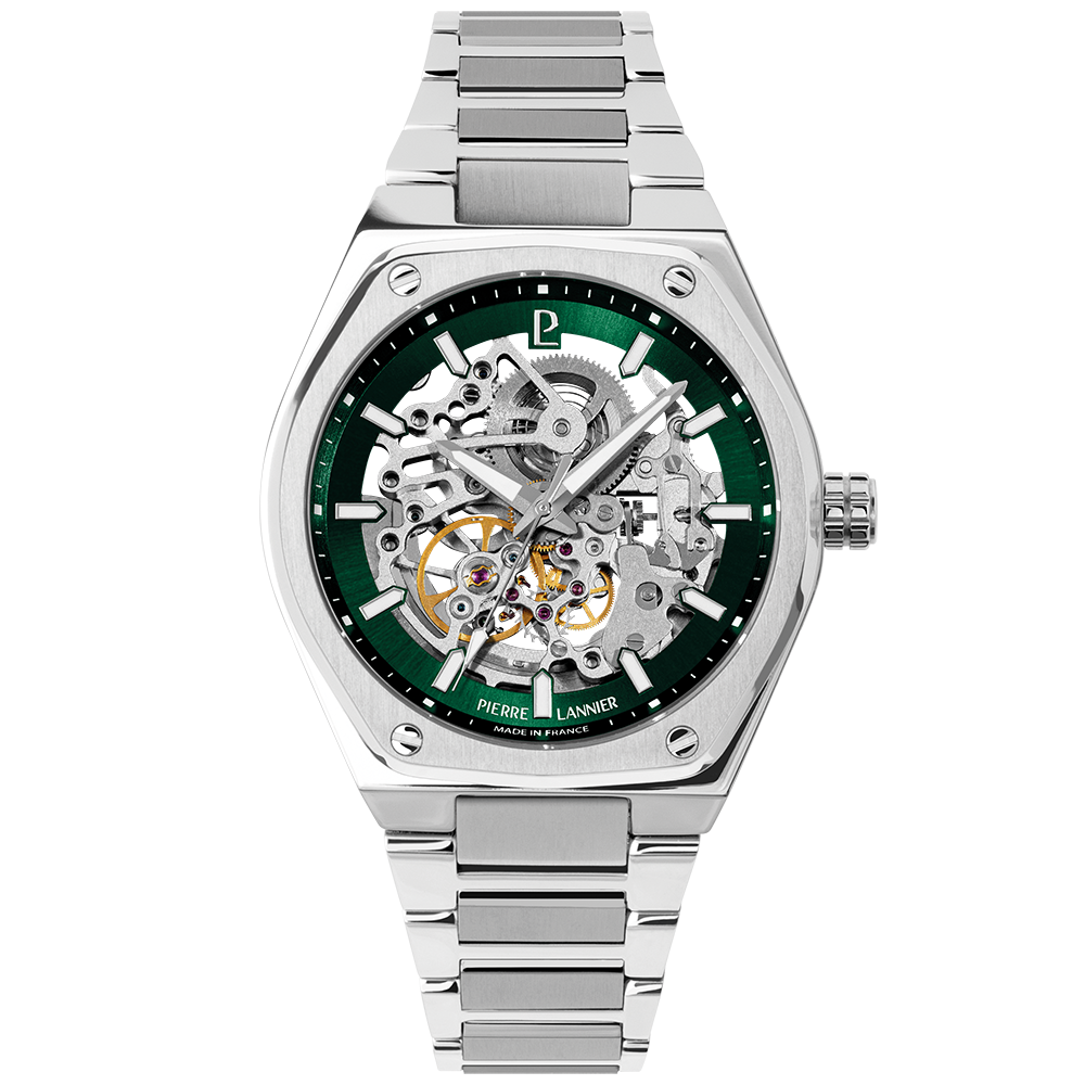 Montre Homme Pierre Lannier – Copilote Argentée Cadran Vert Squelette