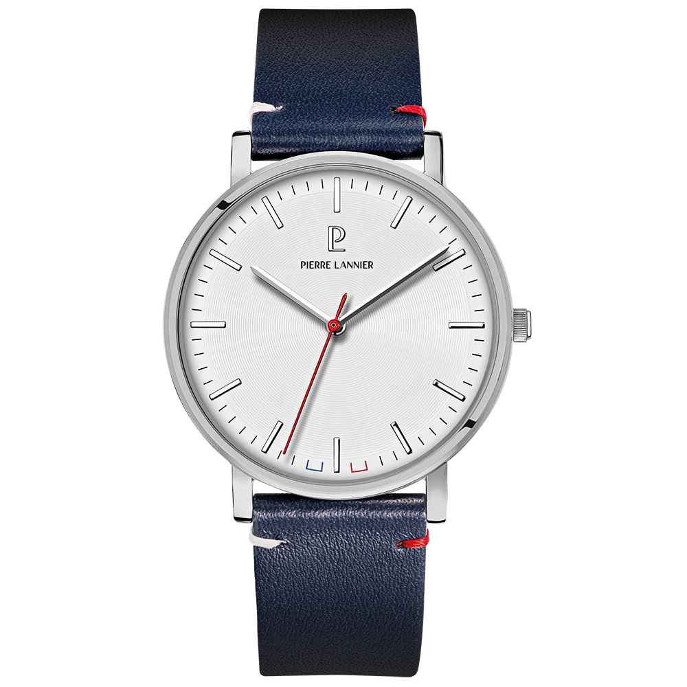 Montre Homme Pierre Lannier – Essential Argentée Cadran Blanc & Bracelet Cuir Bleu 