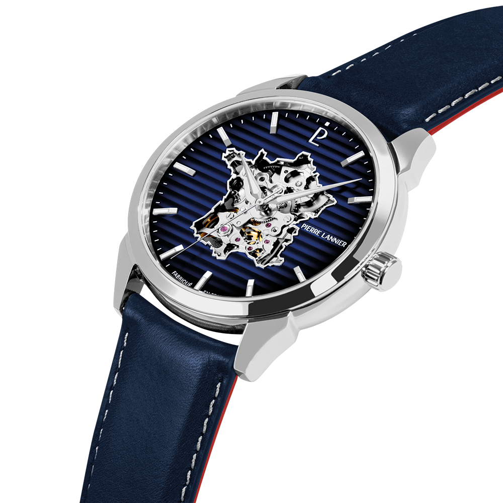 Montre Homme Pierre Lannier – Monarck Argentée Cadran Bleu & Bracelet Cuir Bleu