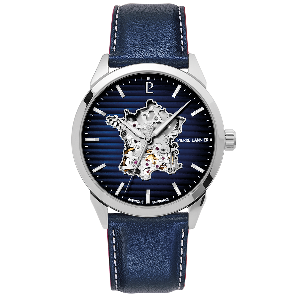 Montre Homme Pierre Lannier – Monarck Argentée Cadran Bleu & Bracelet Cuir Bleu