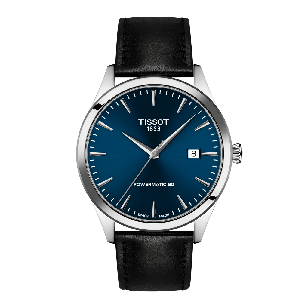 Montre Tissot Classic Dream 40 mm automatique avec boîtier acier, cadran bleu et bracelet cuir réglable