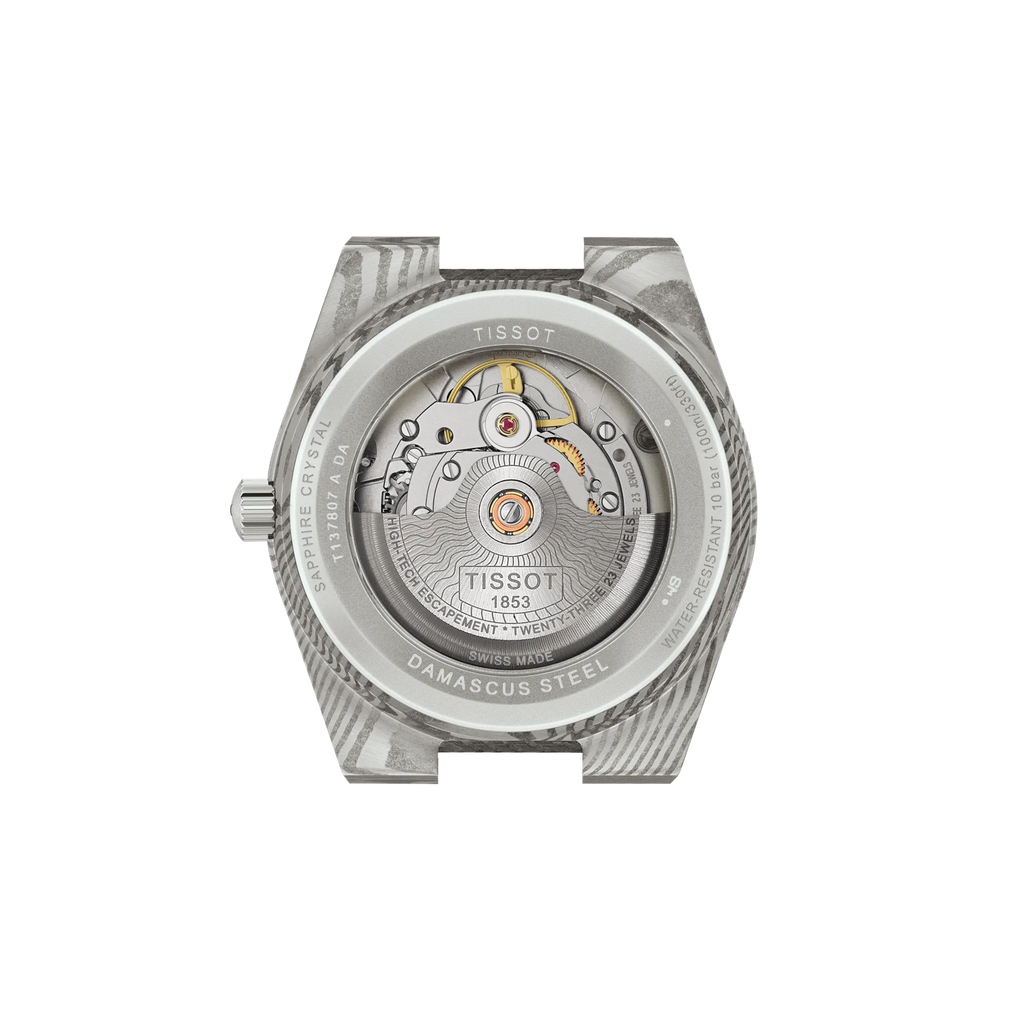 Mouvement automatique Powermatic 80 visible à travers le fond transparent de la montre Tissot PRX Acier Damas 38 mm