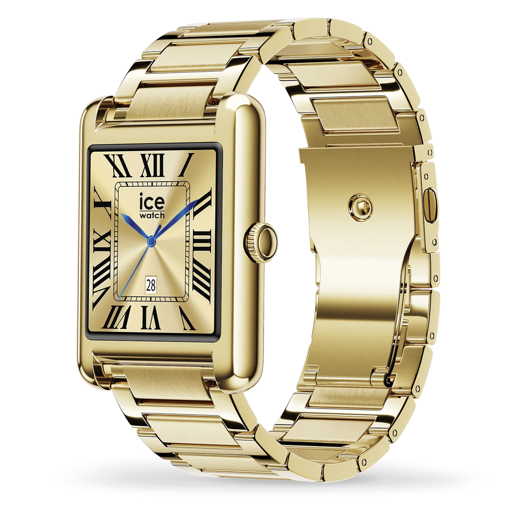 Montre connectée ICE Smart TKS 2.0 Gold rectangulaire avec bracelet en acier doré, écran tactile couleur et design moderne.