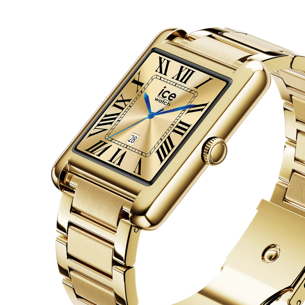 Montre connectée ICE Smart TKS 2.0 Gold rectangulaire avec bracelet en acier doré, écran tactile couleur et design moderne.