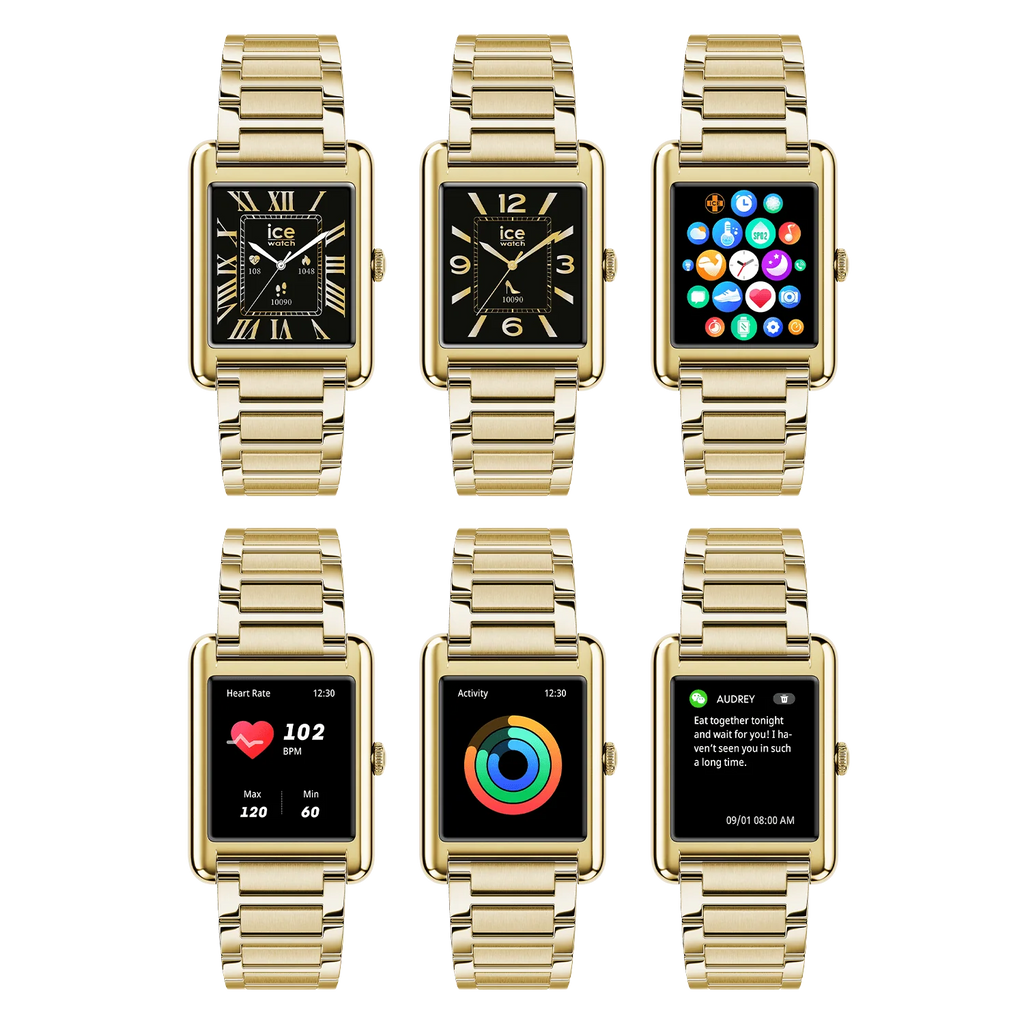 Montre connectée ICE Smart TKS 2.0 Gold rectangulaire avec bracelet en acier doré, écran tactile couleur et design moderne.