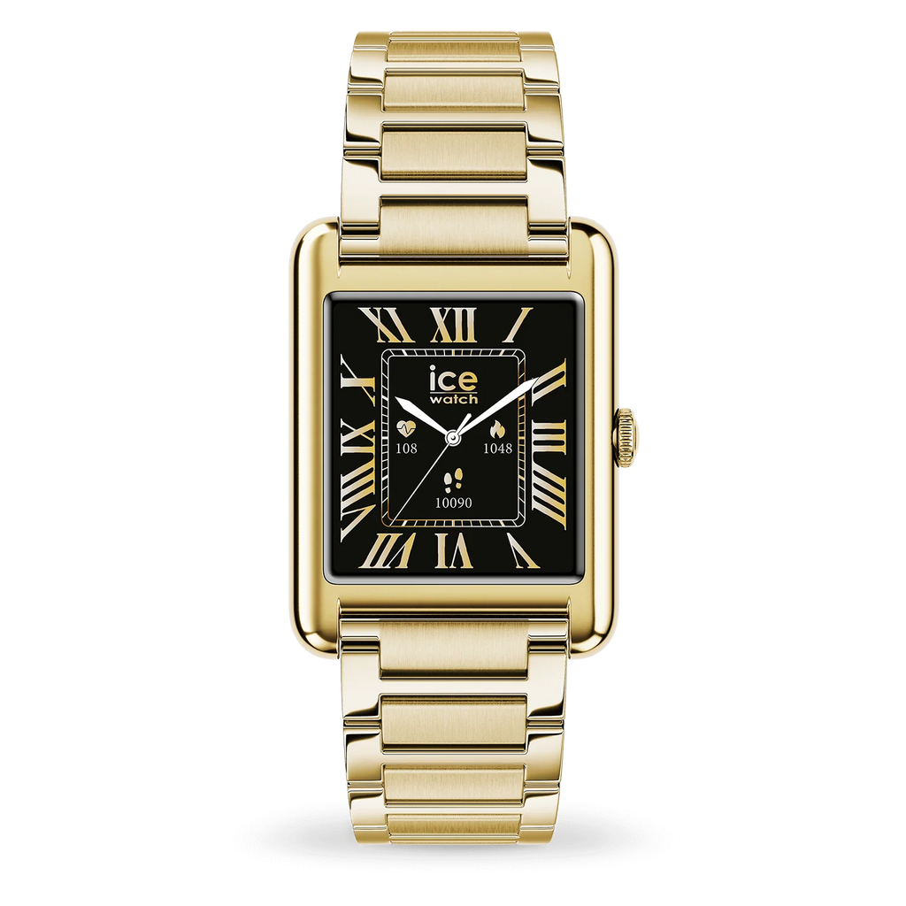 Montre connectée ICE Smart TKS 2.0 Gold rectangulaire avec bracelet en acier doré, écran tactile couleur et design moderne.