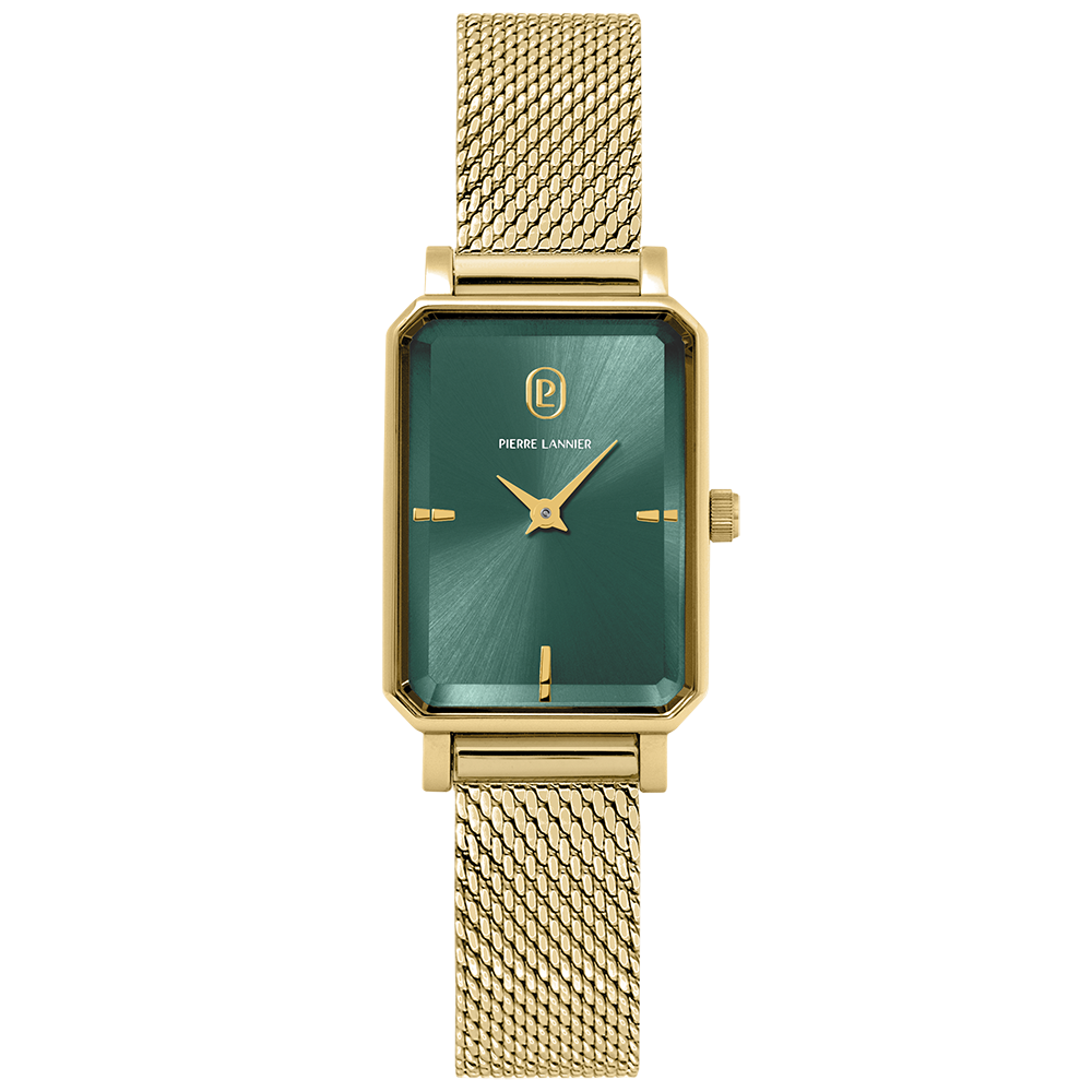 Montre femme Pierre Lannier Ariane 006L572 – boîtier doré rectangulaire, cadran vert profond, bracelet milanais doré 12 mm.