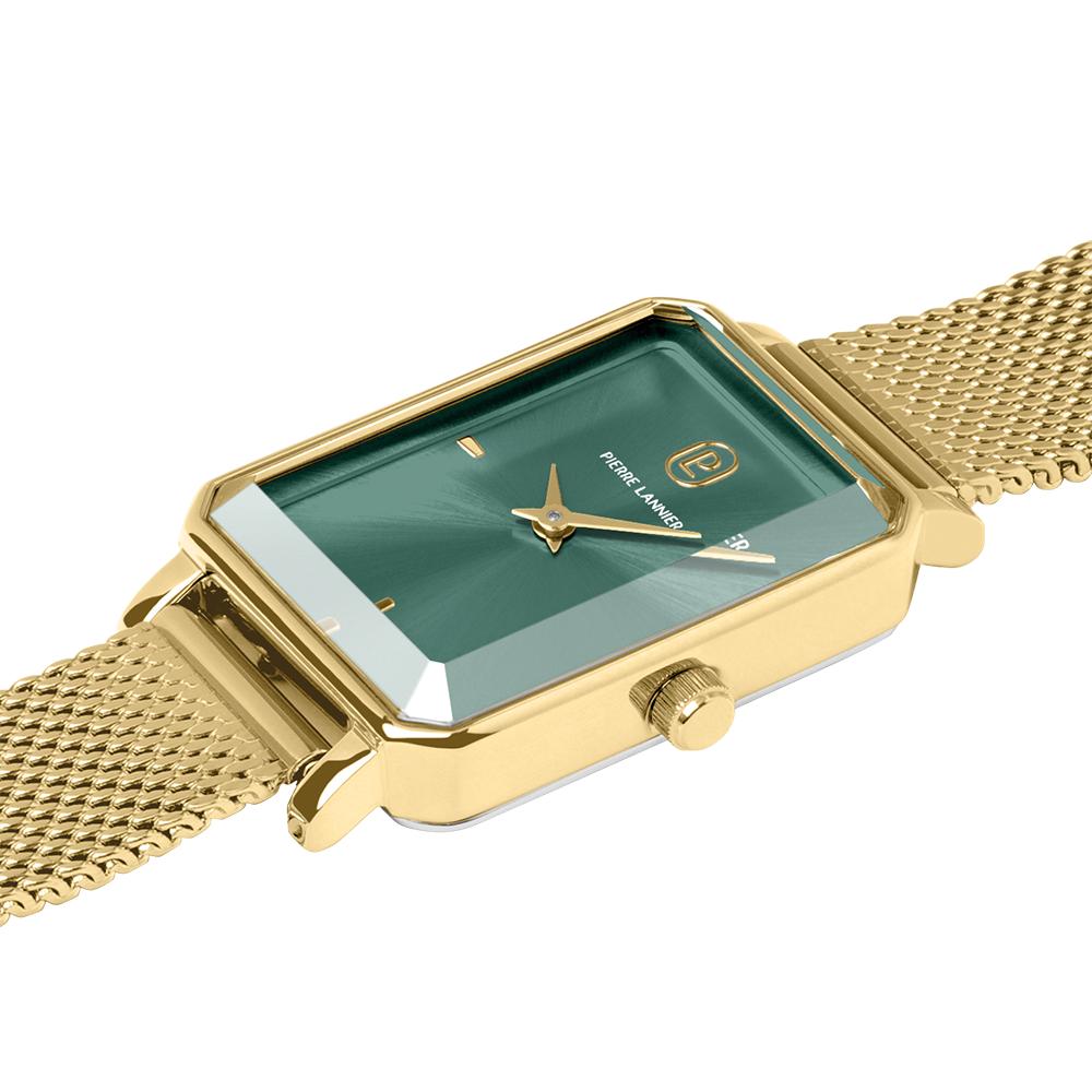 Montre femme Pierre Lannier Ariane 006L572 – boîtier doré rectangulaire, cadran vert profond, bracelet milanais doré 12 mm.