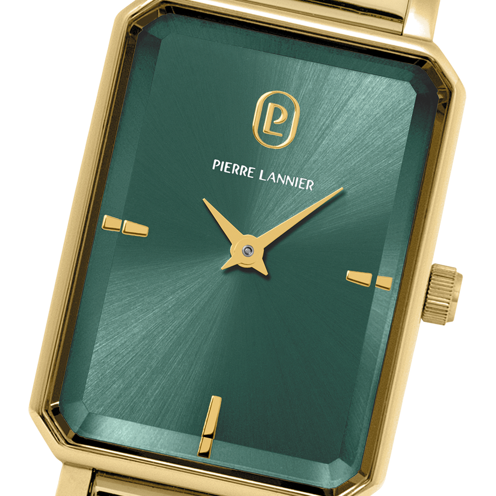 Montre femme Pierre Lannier Ariane 006L572 – boîtier doré rectangulaire, cadran vert profond, bracelet milanais doré 12 mm.