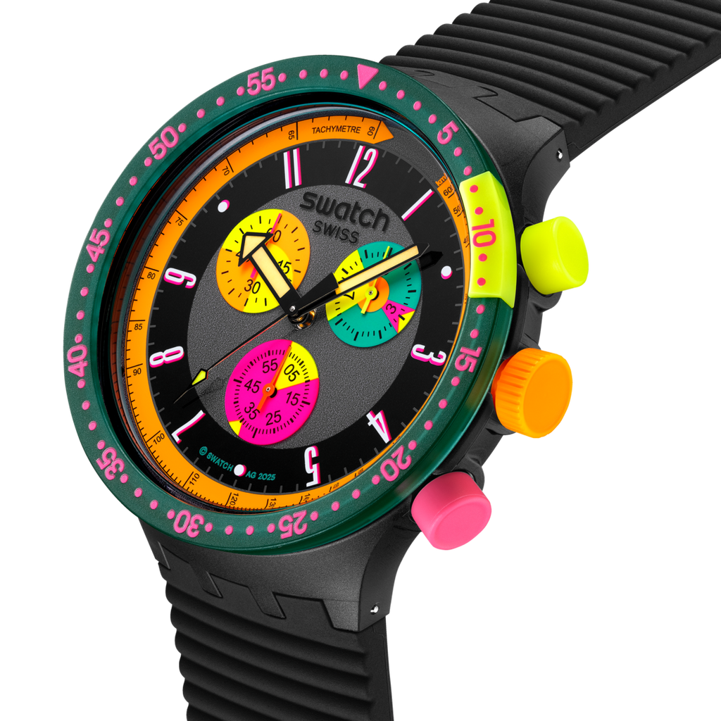 Montre Swatch Neon Seppia – Chronographe XXL rétro inspiré des années 90
