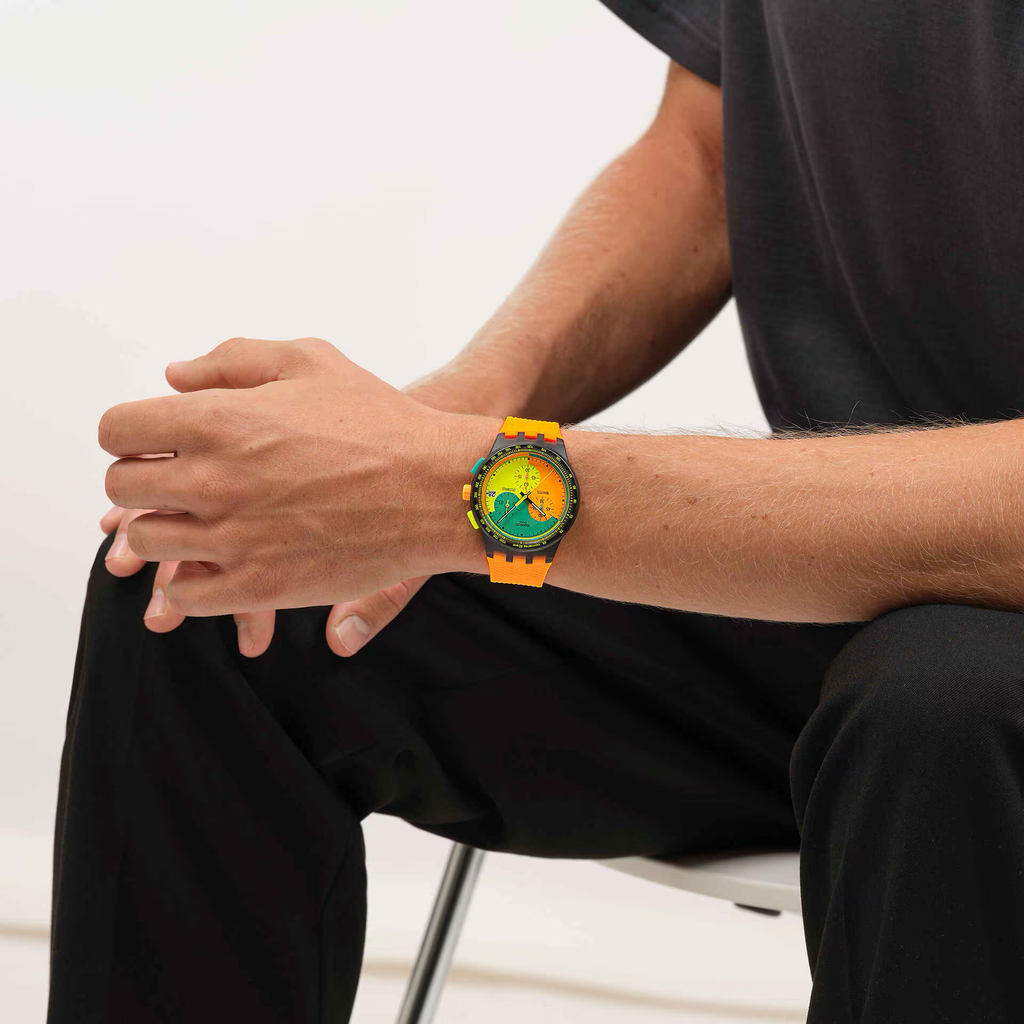 Montre Swatch Neon Signal Flag – Chronographe rétro inspiré des années 90
