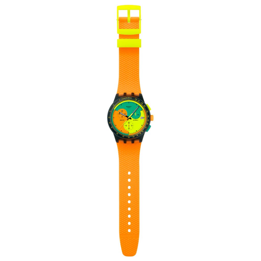 Montre Swatch Neon Signal Flag – Chronographe rétro inspiré des années 90
