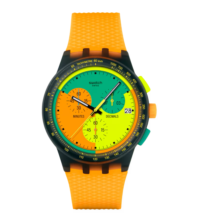 Montre Swatch Neon Signal Flag – Chronographe rétro inspiré des années 90
