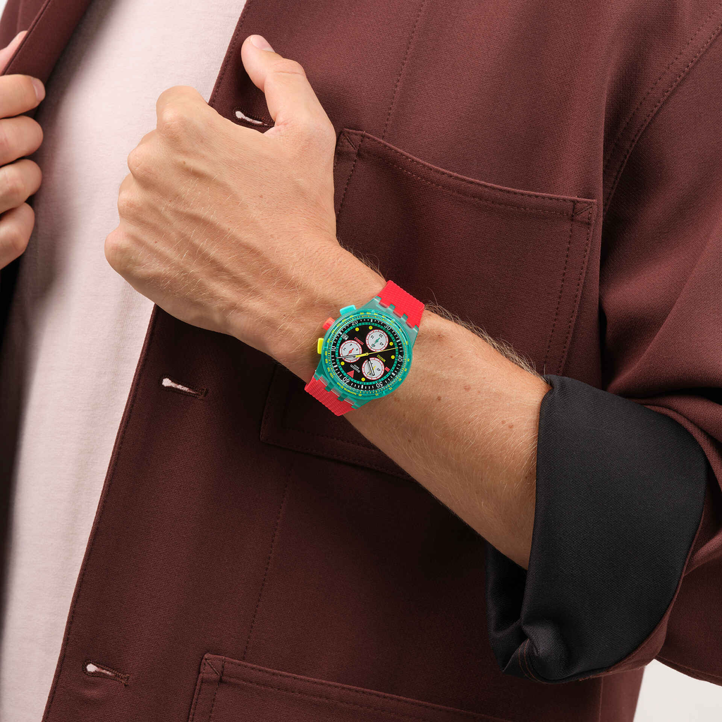 Montre Swatch Neon Emerald Chrono – Chronographe rétro inspiré des années 80
