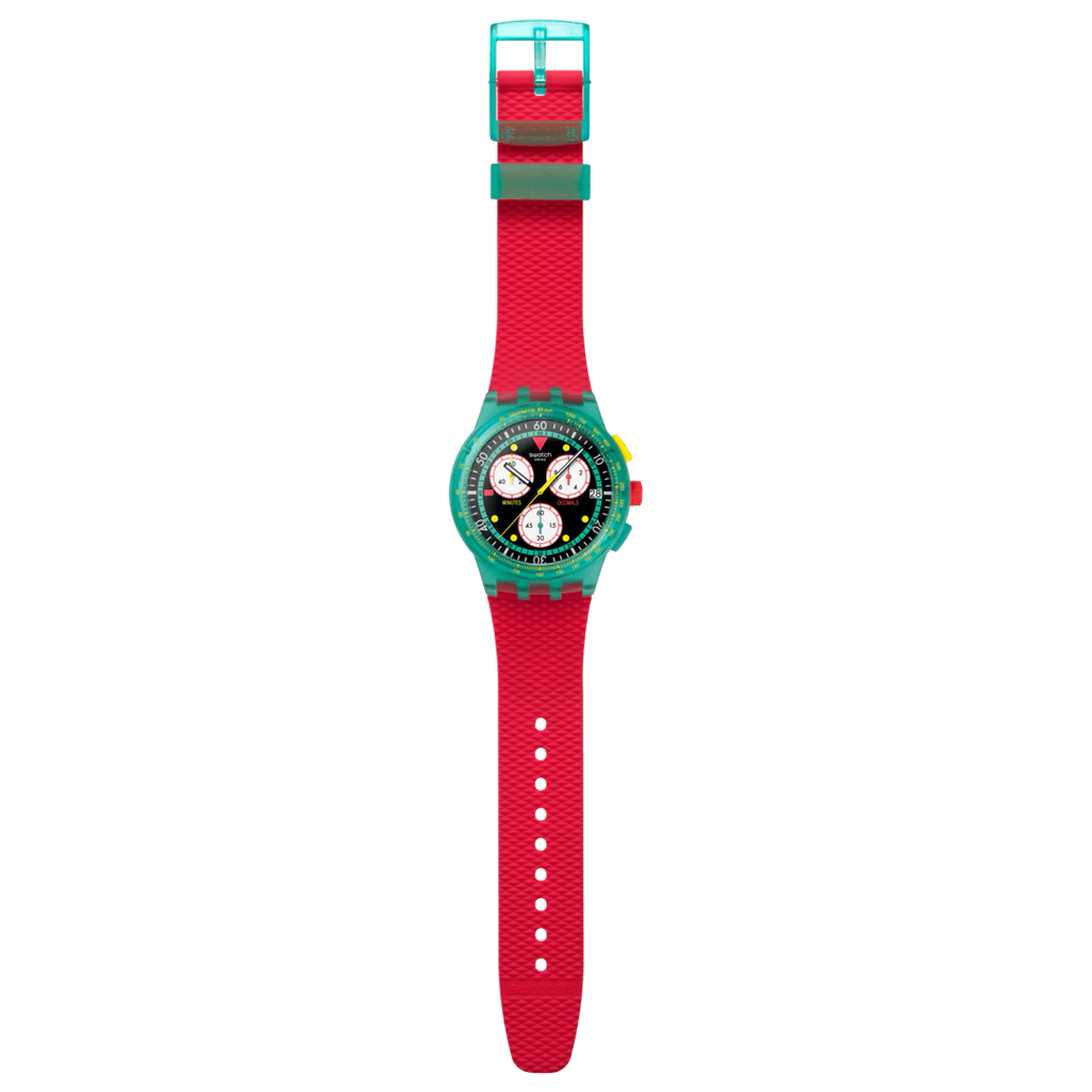 Montre Swatch Neon Emerald Chrono – Chronographe rétro inspiré des années 80
