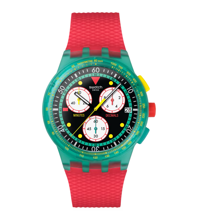 Montre Swatch Neon Emerald Chrono – Chronographe rétro inspiré des années 80
