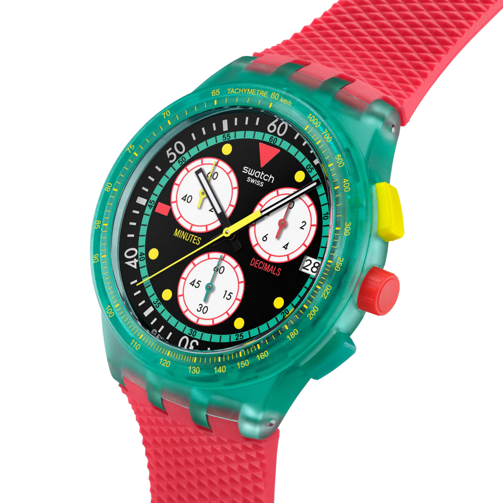 Montre Swatch Neon Emerald Chrono – Chronographe rétro inspiré des années 80
