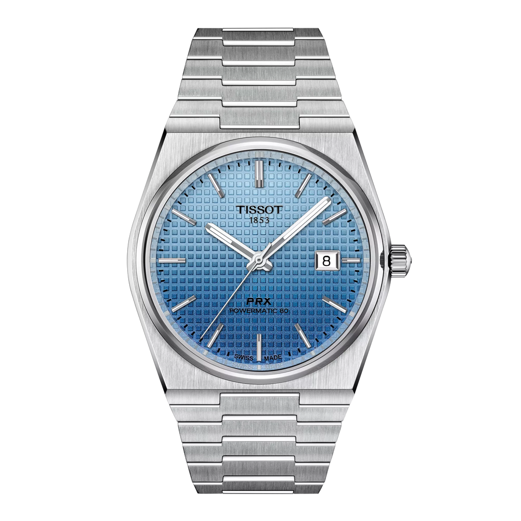 Montre homme Tissot PRX Powermatic 80 Bleu Clair 40mm – cadran dégradé lumineux, mouvement automatique, acier inoxydable, verre saphir antireflet.