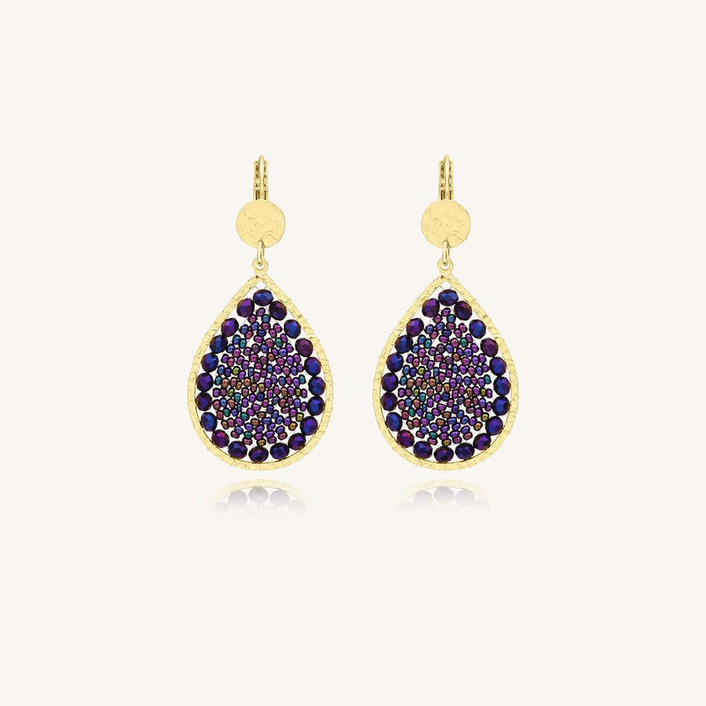Boucles d’oreilles Ysé Santibé Violet Nuit– Dorées à l’or fin et perles tissées à la main 