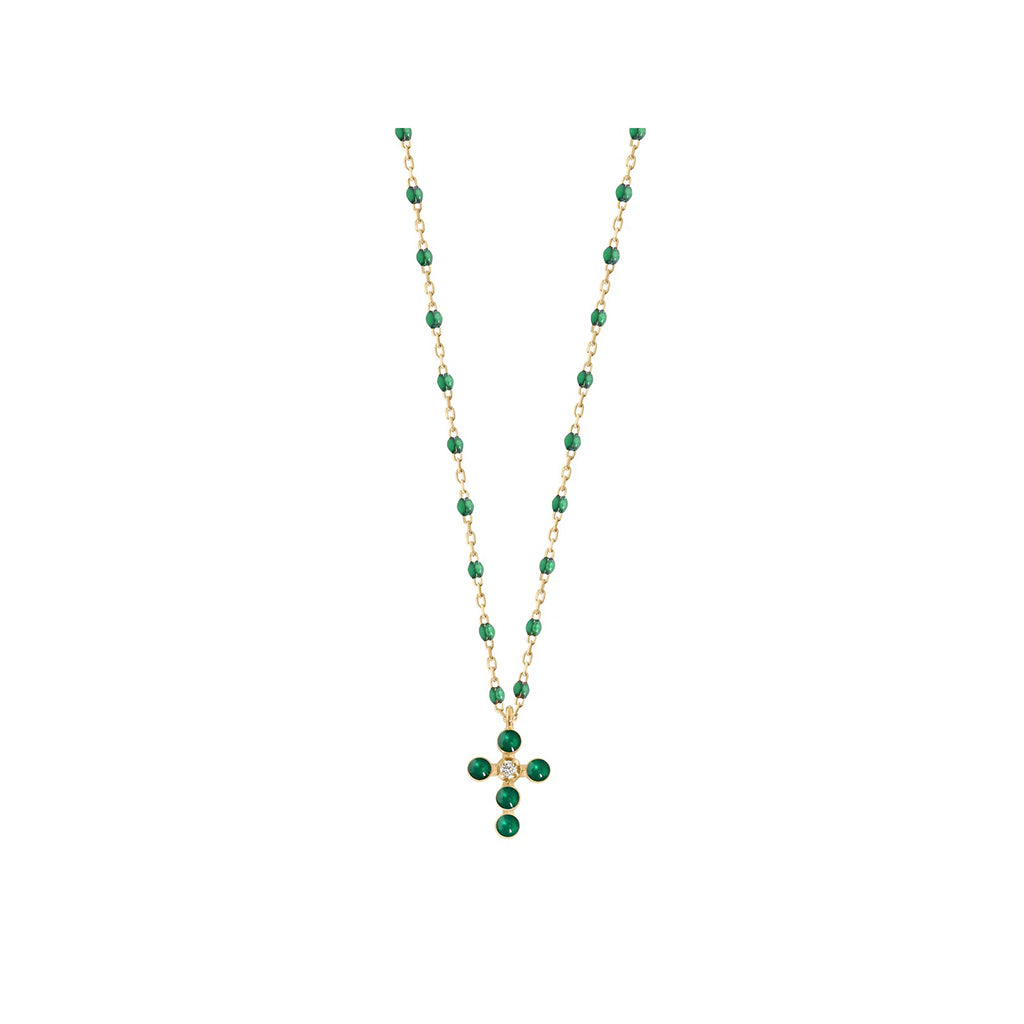 collier gigi clozeau croix perlée or jaune émeraude 42cm