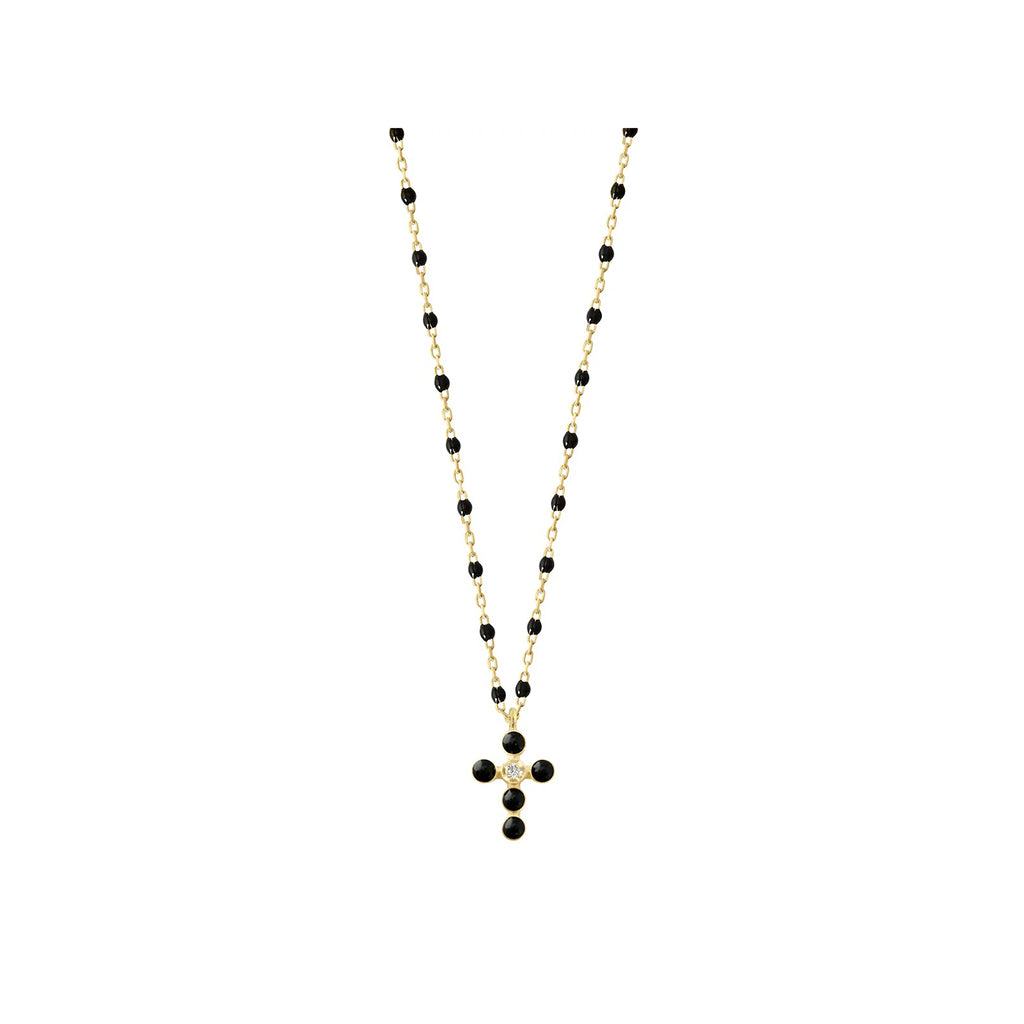 collier gigi clozeau croix perlée or jaune noir 42cm