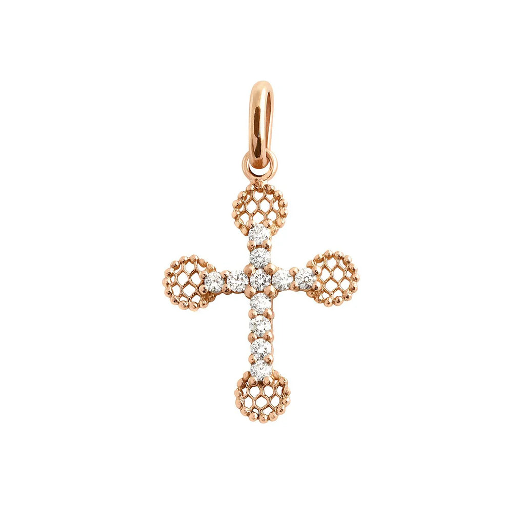 PENDENTIF GIGI CLOZEAU CROIX DENTELLE OR ROSE ET DIAMANTS